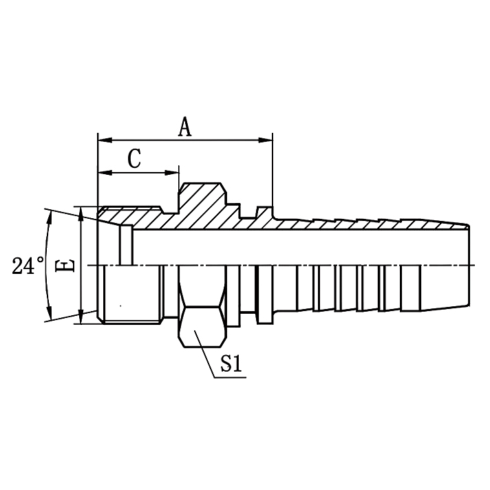 Hose Fitting 10411 features metric male 24° cone seat, conforming to ISO 8434-1 and DIN 3861.
