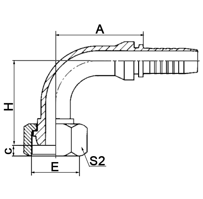 Hose Fitting 20191-T has 90° bend and metric female multiseat design.