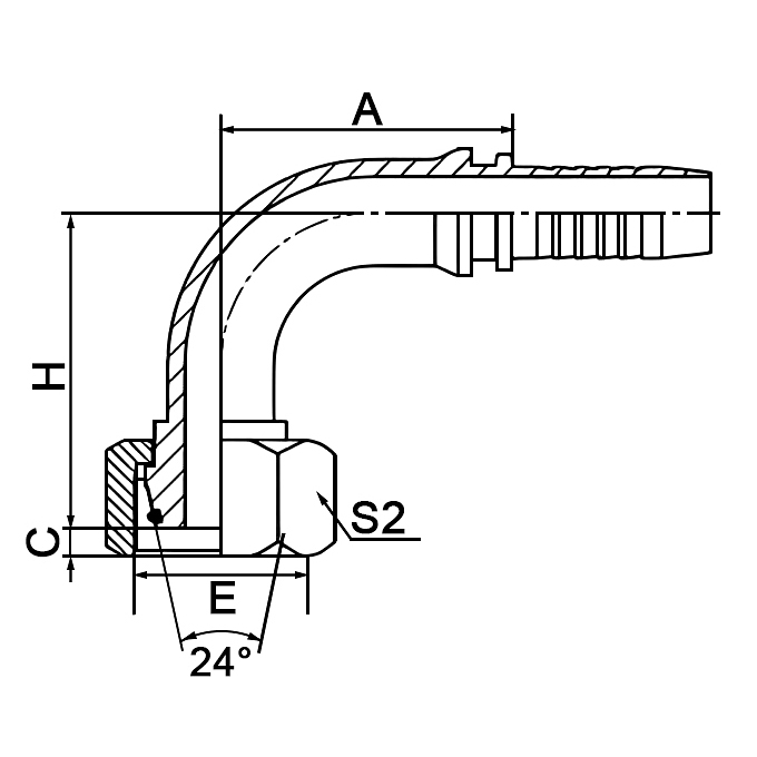 Hose Fitting 20491 – 90° Metric Female 24° Cone O-Ring L.T. ISO 12151-2 DIN 3865