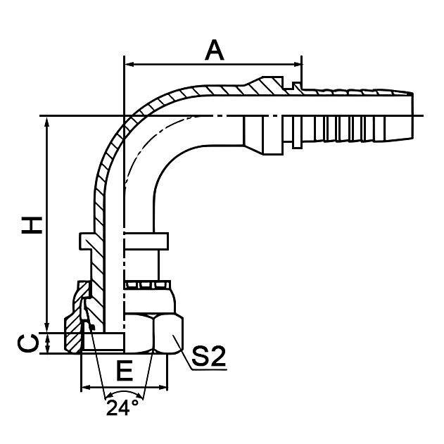 Hose Fitting 20491 – 90° Metric Female 24° Cone O-Ring L.T. ISO 12151-2 DIN 3865.