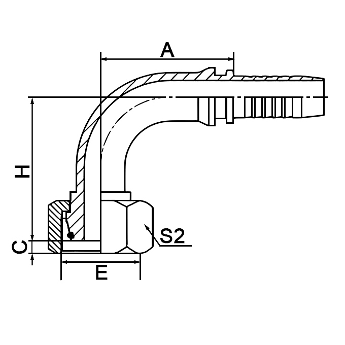Hose Fitting 20491C-T adopts 90° metric female 24° Multiseal structure, compliant with DIN 3868.