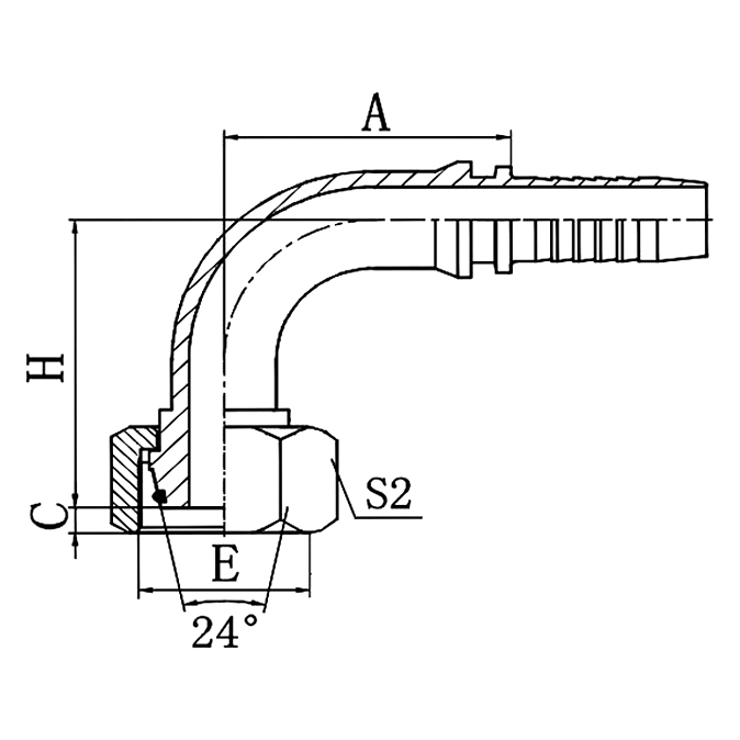 Hose Fitting 20591-T – 90° Metric Female 24° Cone O-Ring H.T. ISO 12151-2 DIN 3865