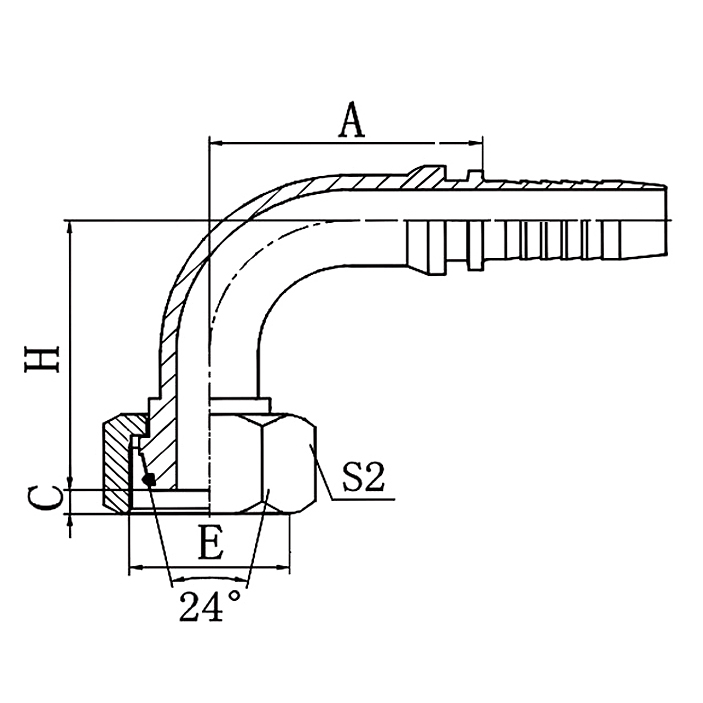 Hose Fitting 20591C-T – 90° Metric Female 24° Multiseal H.T.