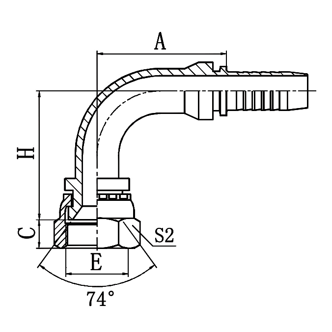 Hose Fitting 20791 – 90° GB Metric Female 74° Cone Seat