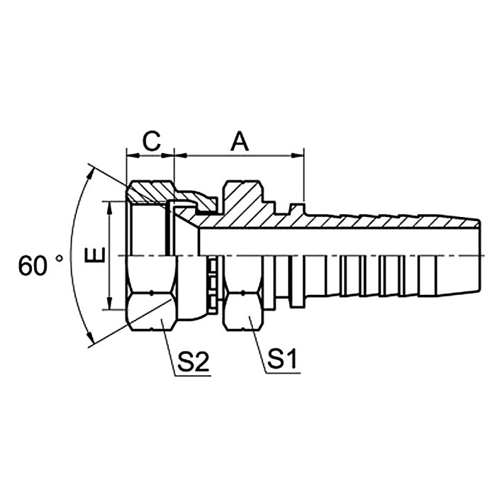 Hose Fitting 28611 is a JIS metric female 60° cone seat double hexagon fitting.