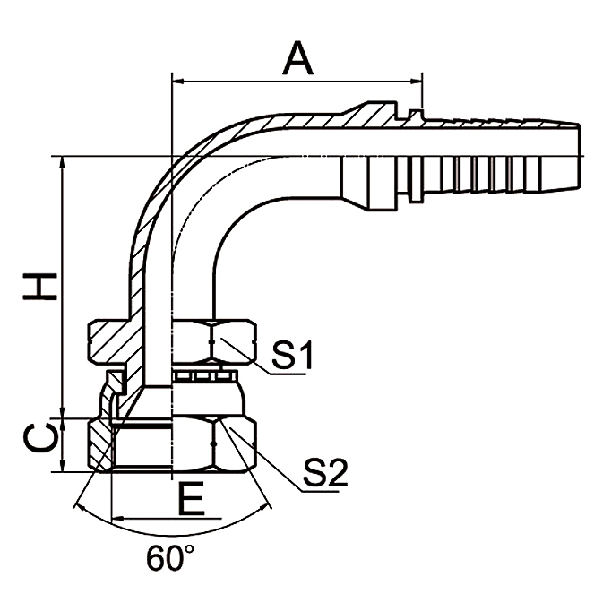 Hose Fitting 29691 90° JIS Gas Female 60° Cone Seat