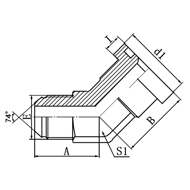 1JFL4 45° JIC Male 74° Cone Elbow, Universal Flange Hydraulic Adapter