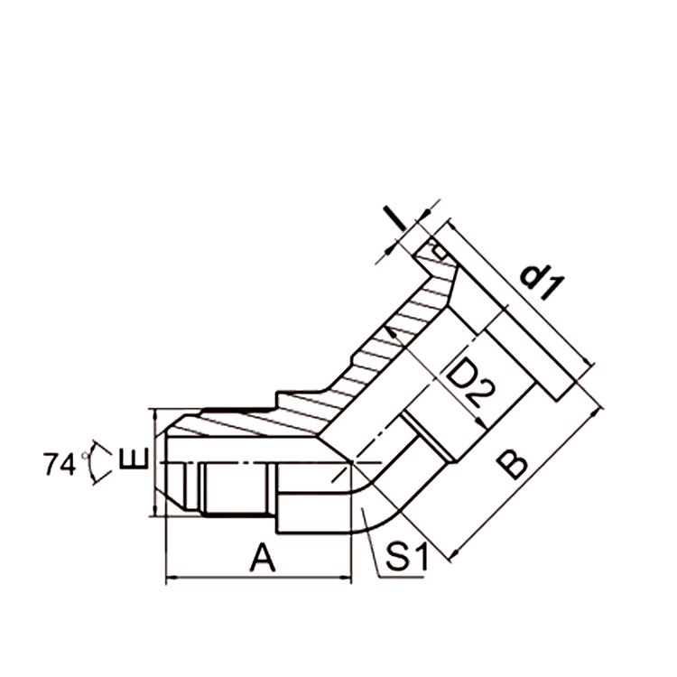 1JFS4 45° Elbow JIC 74° Male Cone, Reduced Bore Steel Flange Adapter