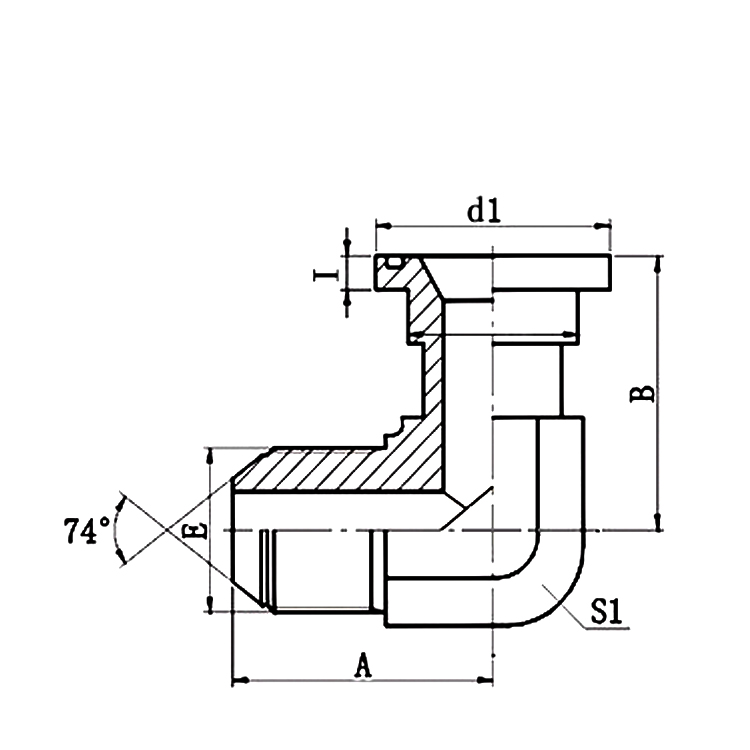 1JFS9 90° Elbow JIC 74° Male Cone, Full Bore Flange Adapter