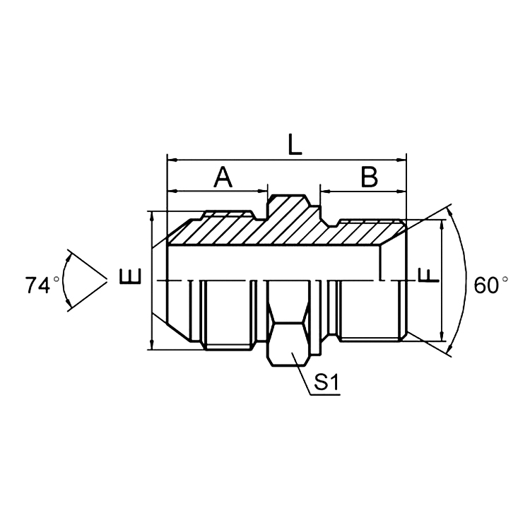 1JM JIC male 74° cone to metric male 60° seat hydraulic fitting