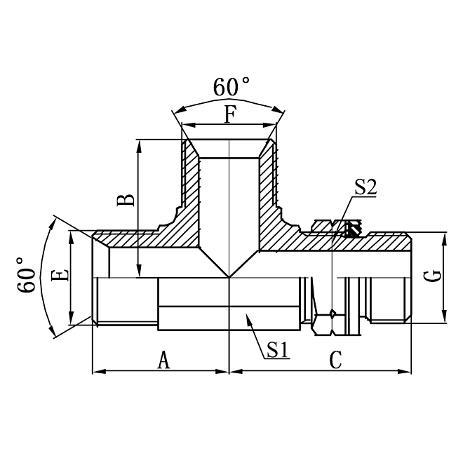 ABBG-OG BSP Adapters, RNU tee with BSP male 60° seat and adjustable O-ring stud end connector