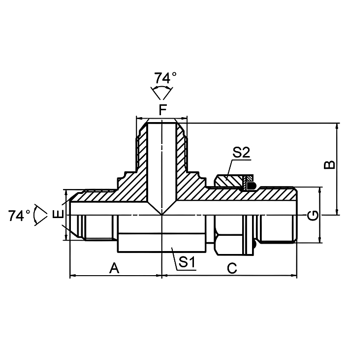 AJJH-OG JIC metric male adjustable run tee fitting L-Series ISO 6149-3