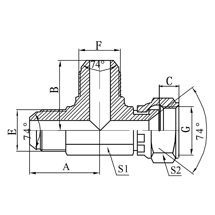 CJ JIC Male 74° Cone to JIC Female 74° Seat Run Tee Hydraulic Adapter