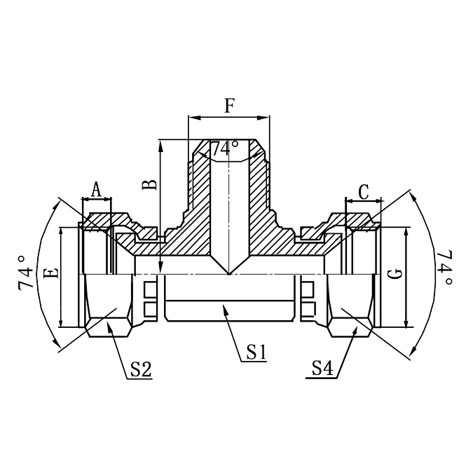EJ JIC Female 74° Seat to JIC Male 74° Cone Branch Tee Hydraulic Adapter