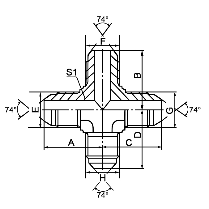 XJ JIC Male 74° Cone Cross | JIC 74° tube hydraulic adapter